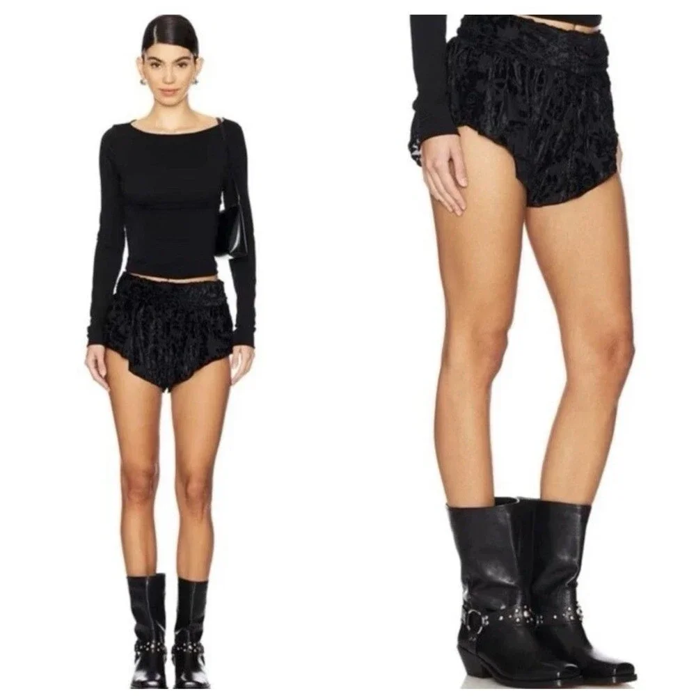 Free People NEW Snow Angel Micro‎ Shorts LARGE Black Velvet Burnout Ruffles